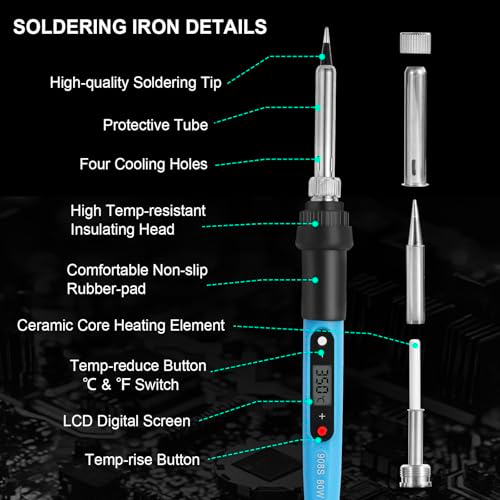 Electric Soldering Iron Kit with 80W LCD Digital Adjustable Temperature Soldering-Iron, 5 Soldering Tips, Rosin Flux, Solder Wires & Stand, Electrical Soldering Kit for Electronics, Best gift for men
