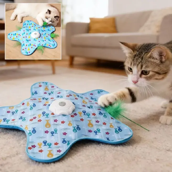 Rechargeable Automatic Cat Toy for Indoor Cats, Hide & Seek Hunting Game Exercise Play Plate, Rechargeable Interactive Cat Toys, Moving Concealed Feathers, Durable Exercise Toys for Indoor Cats