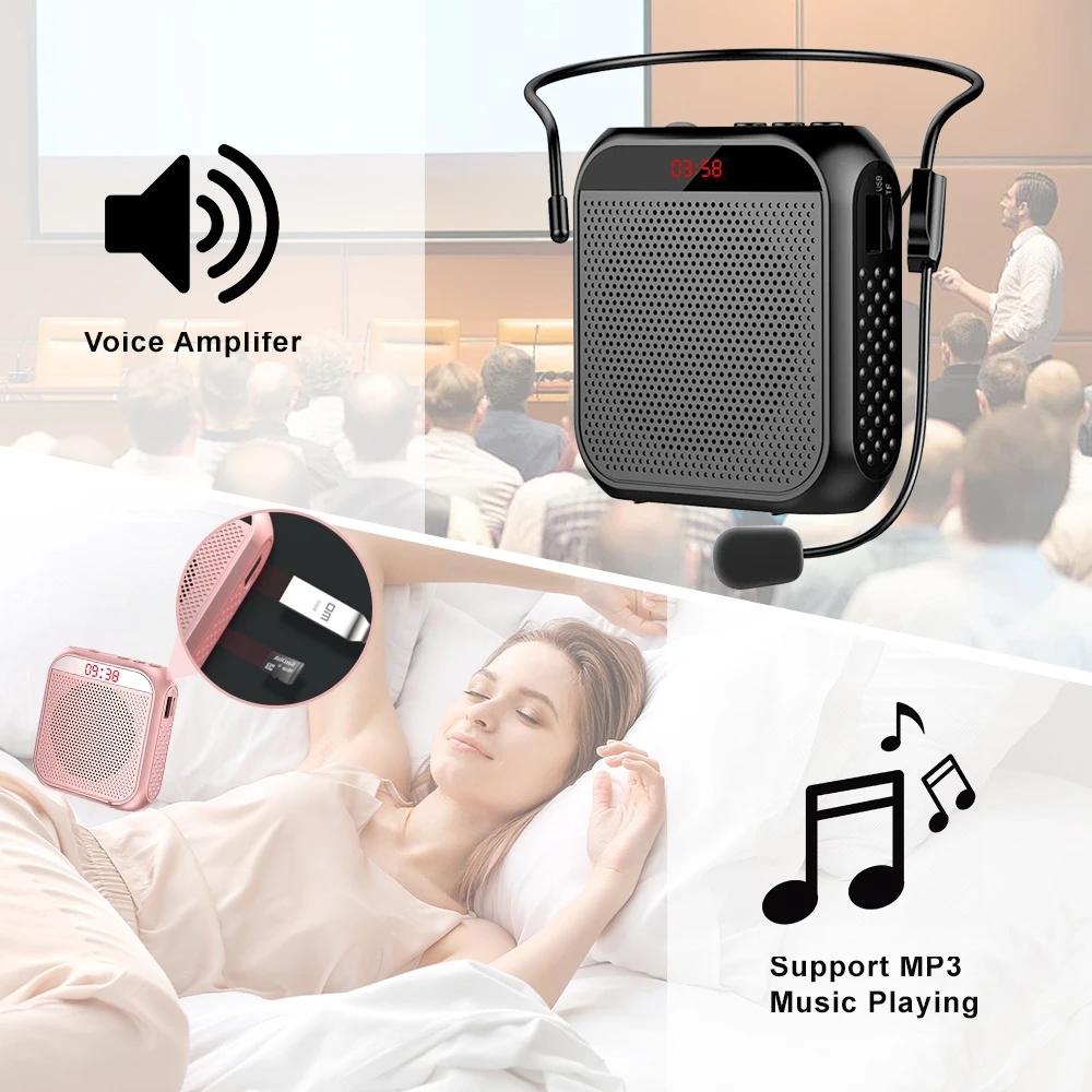 Portable Voice Amplifier for Teachers 2200mAh USB Rechargeable Personal Speech Amplifier Mic PA System Headset Microphone with Speaker for Teachers Training Meeting Tour Guide Yoga Classroom