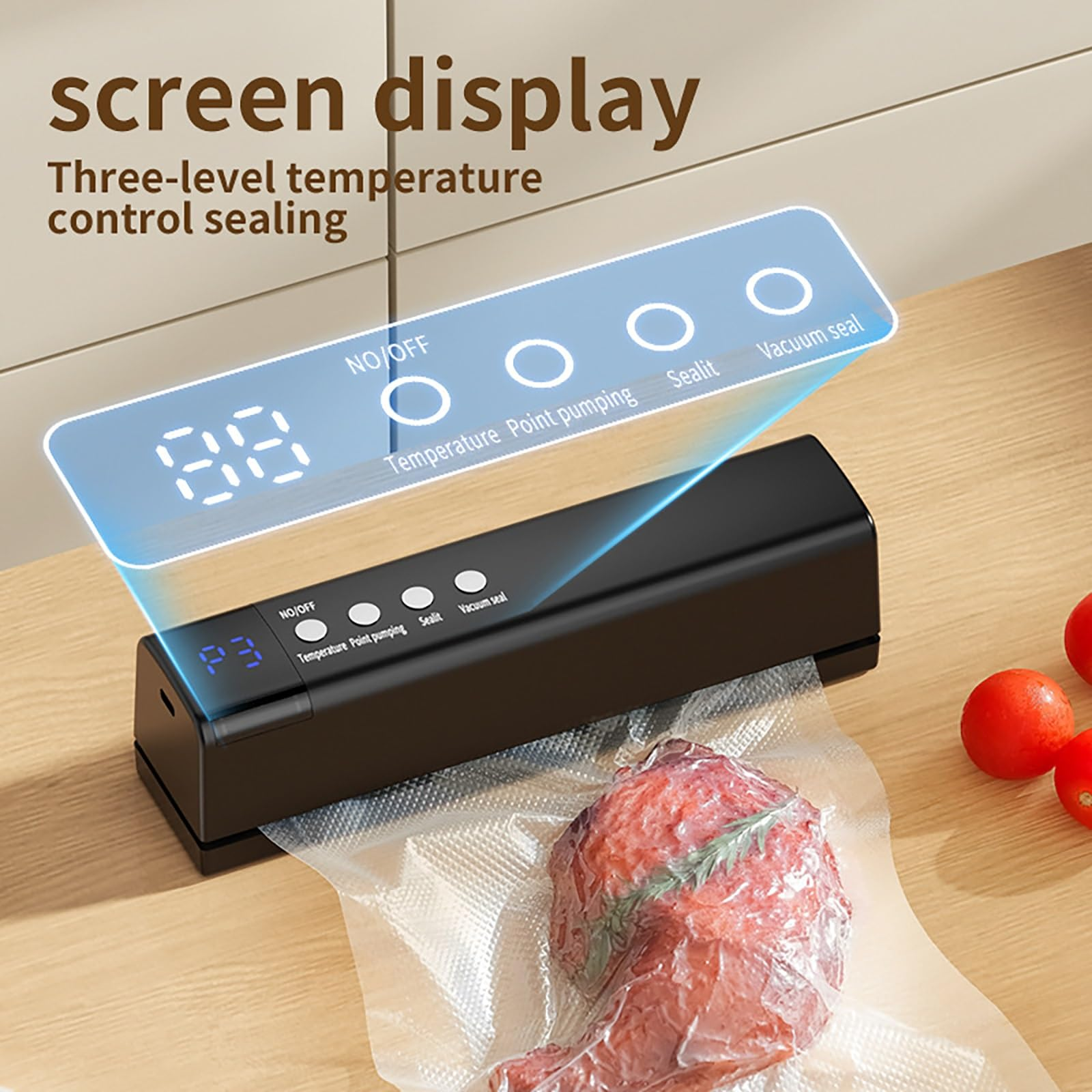 Compact Kitchen Vacuum Sealer Rechargeable Food Preserver with Side Nozzle Button Display Control for Freezer Planning Bag Sealer Appliance Cabinet Organizer Leftovers Tool Countertop Kitchen Gadget