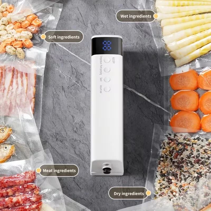 Compact Kitchen Vacuum Sealer Rechargeable Food Preserver with Side Nozzle Button Display Control for Freezer Planning Bag Sealer Appliance Cabinet Organizer Leftovers Tool Countertop Kitchen Gadget