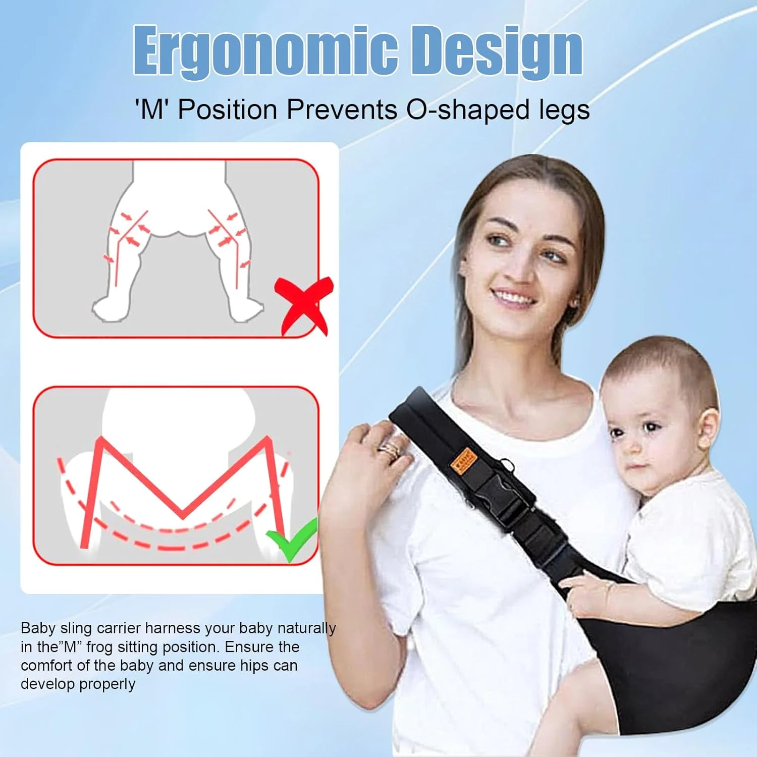 Baby Sling Carrier Baby Sling for 10-30lbs Adjustable Shoulder Straps, Portable, Lightweight, Non-Slip Hip Seat, Easy to Use, Safety Buckle, Comfortable, Great for Travel, Camping, Shopping
