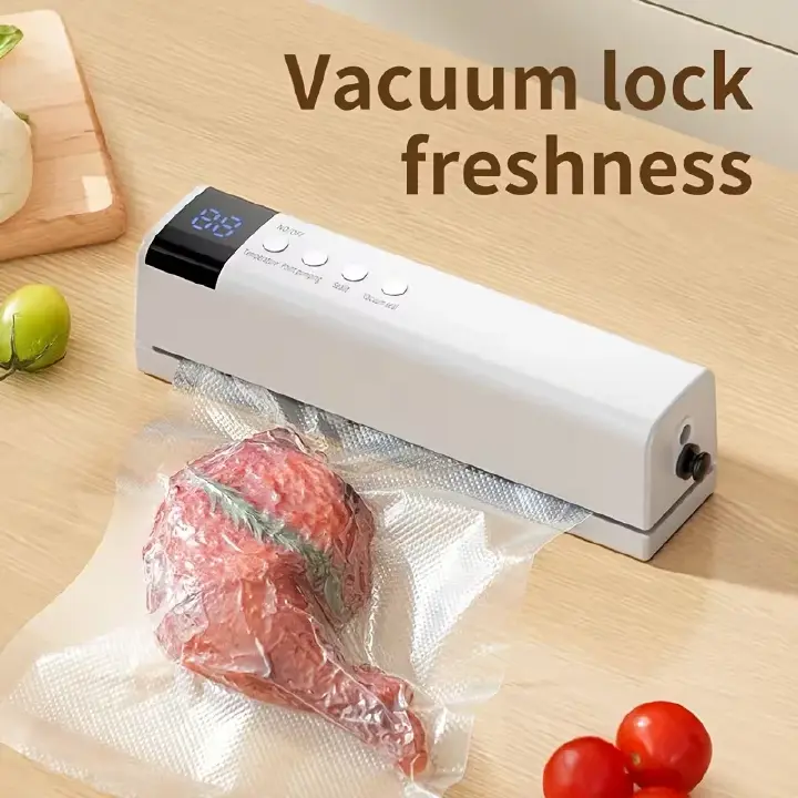 Compact Kitchen Vacuum Sealer Rechargeable Food Preserver with Side Nozzle Button Display Control for Freezer Planning Bag Sealer Appliance Cabinet Organizer Leftovers Tool Countertop Kitchen Gadget