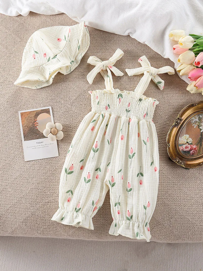 New Summer Baby Rompers 3-18M Sweet Floral Tulip Infant Girls Strap Jumpsuit with Hat Loose Toddler Love Clothes Sleeveless Cotton Outfit Heart/Floral Print Bodysuit Toddler Smocked Jumpsuit And Hat