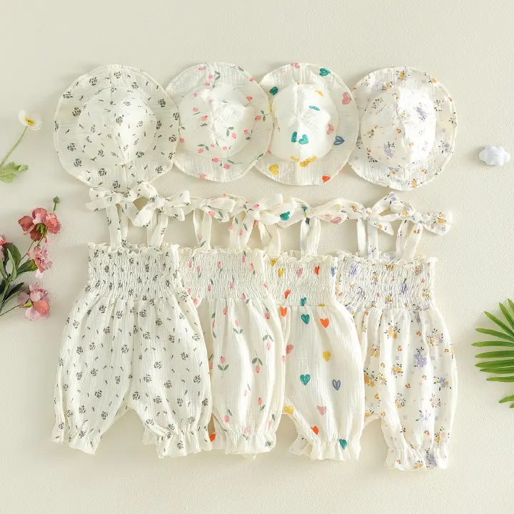 New Summer Baby Rompers 3-18M Sweet Floral Tulip Infant Girls Strap Jumpsuit with Hat Loose Toddler Love Clothes Sleeveless Cotton Outfit Heart/Floral Print Bodysuit Toddler Smocked Jumpsuit And Hat