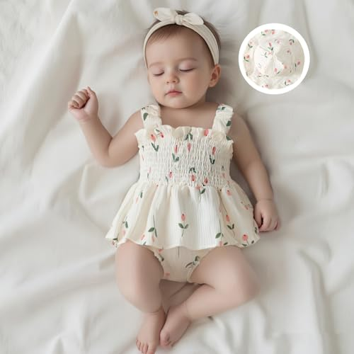 Baby Girl Summer Cotton Outfits Sleeveless Floral Print Smocked Romper Dress with Sun Hat Set 3-18M Summer Infant Baby Girl Outfits Sleeveless Floral Print Bodysuit Dress Sun Hat Clothes Set