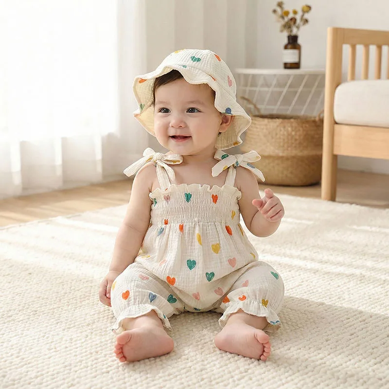 New Summer Baby Rompers 3-18M Sweet Floral Tulip Infant Girls Strap Jumpsuit with Hat Loose Toddler Love Clothes Sleeveless Cotton Outfit Heart/Floral Print Bodysuit Toddler Smocked Jumpsuit And Hat