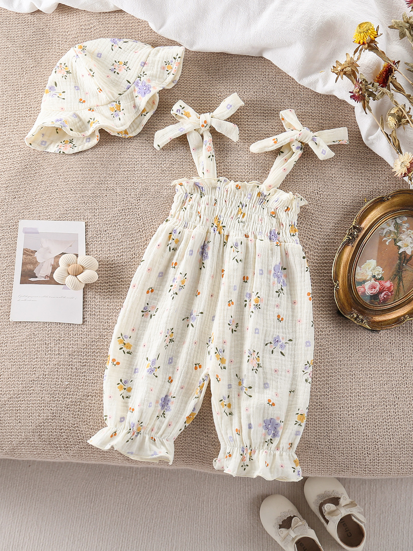 New Summer Baby Rompers 3-18M Sweet Floral Tulip Infant Girls Strap Jumpsuit with Hat Loose Toddler Love Clothes Sleeveless Cotton Outfit Heart/Floral Print Bodysuit Toddler Smocked Jumpsuit And Hat