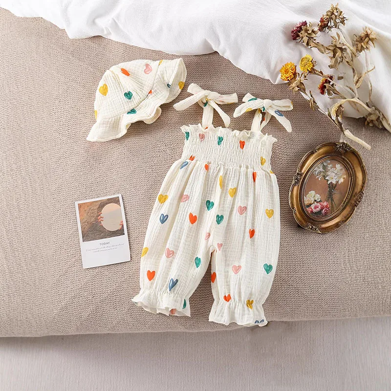 New Summer Baby Rompers 3-18M Sweet Floral Tulip Infant Girls Strap Jumpsuit with Hat Loose Toddler Love Clothes Sleeveless Cotton Outfit Heart/Floral Print Bodysuit Toddler Smocked Jumpsuit And Hat