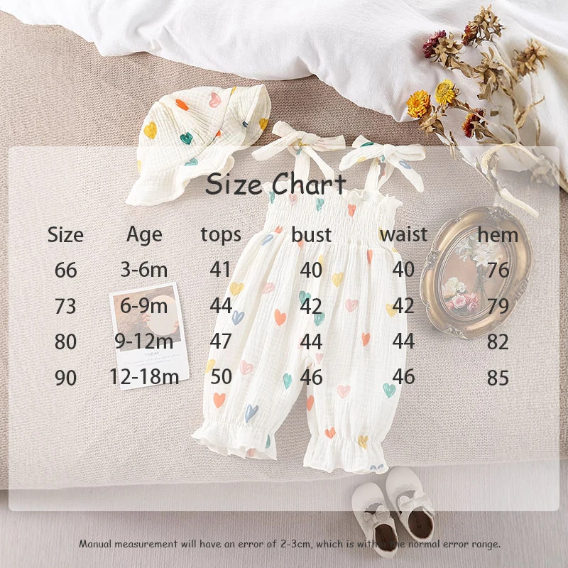 New Summer Baby Rompers 3-18M Sweet Floral Tulip Infant Girls Strap Jumpsuit with Hat Loose Toddler Love Clothes Sleeveless Cotton Outfit Heart/Floral Print Bodysuit Toddler Smocked Jumpsuit And Hat