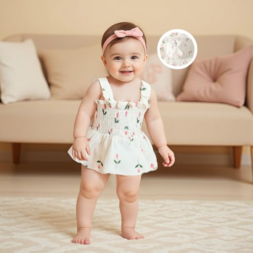 Baby Girl Summer Cotton Outfits Sleeveless Floral Print Smocked Romper Dress with Sun Hat Set 3-18M Summer Infant Baby Girl Outfits Sleeveless Floral Print Bodysuit Dress Sun Hat Clothes Set