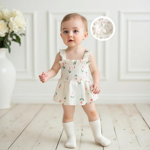 Baby Girl Summer Cotton Outfits Sleeveless Floral Print Smocked Romper Dress with Sun Hat Set 3-18M Summer Infant Baby Girl Outfits Sleeveless Floral Print Bodysuit Dress Sun Hat Clothes Set