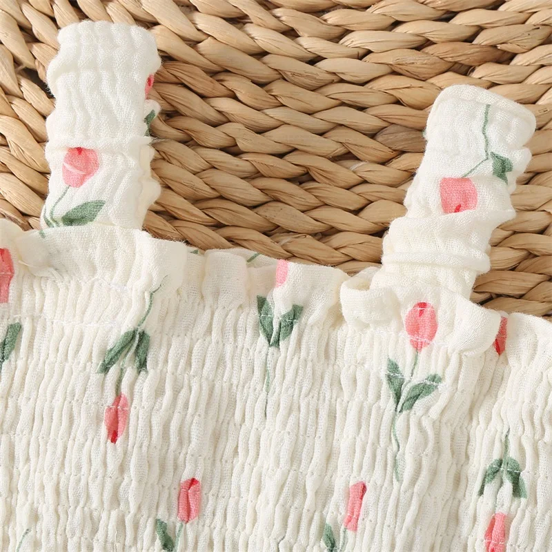 Baby Girl Summer Cotton Outfits Sleeveless Floral Print Smocked Romper Dress with Sun Hat Set 3-18M Summer Infant Baby Girl Outfits Sleeveless Floral Print Bodysuit Dress Sun Hat Clothes Set