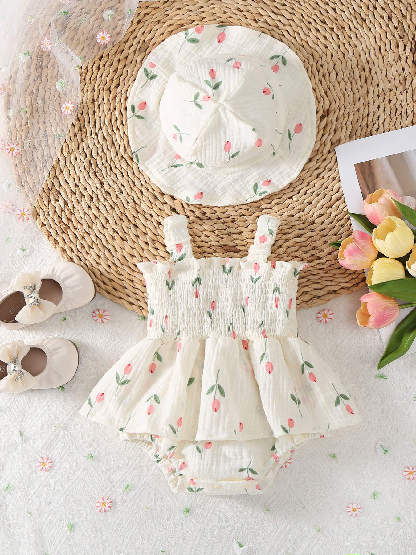 Baby Girl Summer Cotton Outfits Sleeveless Floral Print Smocked Romper Dress with Sun Hat Set 3-18M Summer Infant Baby Girl Outfits Sleeveless Floral Print Bodysuit Dress Sun Hat Clothes Set