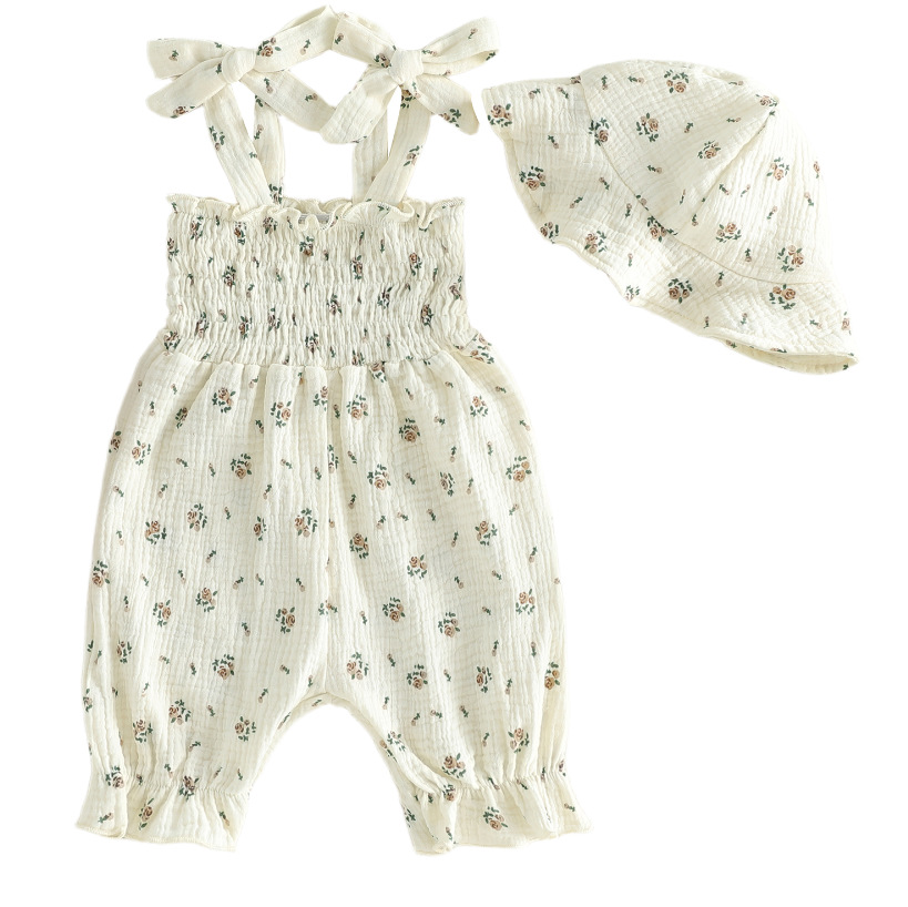 New Summer Baby Rompers 3-18M Sweet Floral Tulip Infant Girls Strap Jumpsuit with Hat Loose Toddler Love Clothes Sleeveless Cotton Outfit Heart/Floral Print Bodysuit Toddler Smocked Jumpsuit And Hat