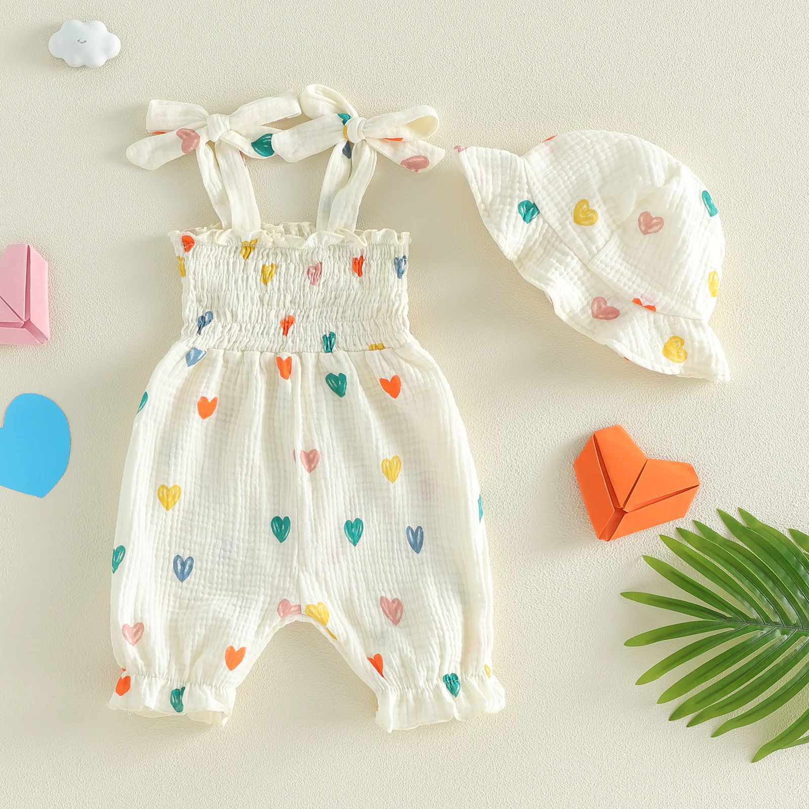New Summer Baby Rompers 3-18M Sweet Floral Tulip Infant Girls Strap Jumpsuit with Hat Loose Toddler Love Clothes Sleeveless Cotton Outfit Heart/Floral Print Bodysuit Toddler Smocked Jumpsuit And Hat
