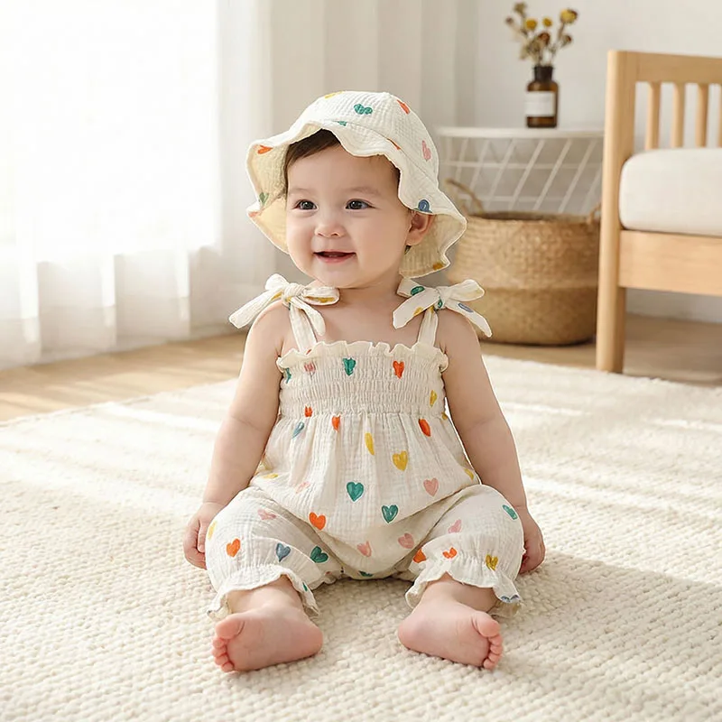 New Summer Baby Rompers 3-18M Sweet Floral Tulip Infant Girls Strap Jumpsuit with Hat Loose Toddler Love Clothes Sleeveless Cotton Outfit Heart/Floral Print Bodysuit Toddler Smocked Jumpsuit And Hat
