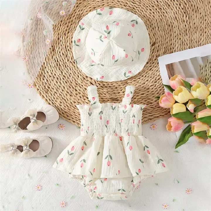 Baby Girl Summer Cotton Outfits Sleeveless Floral Print Smocked Romper Dress with Sun Hat Set 3-18M Summer Infant Baby Girl Outfits Sleeveless Floral Print Bodysuit Dress Sun Hat Clothes Set