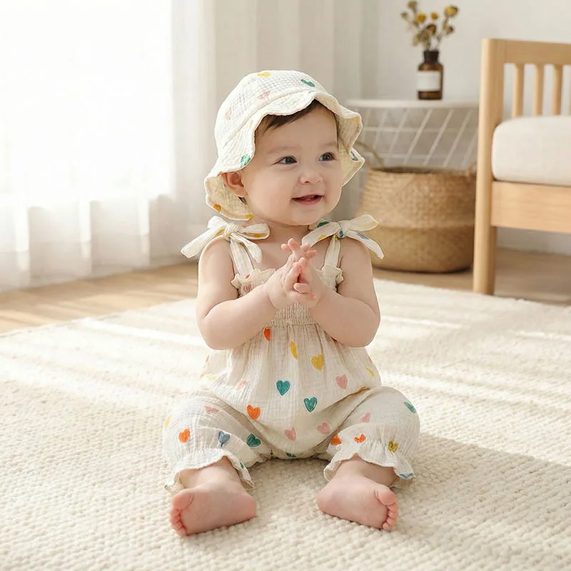 New Summer Baby Rompers 3-18M Sweet Floral Tulip Infant Girls Strap Jumpsuit with Hat Loose Toddler Love Clothes Sleeveless Cotton Outfit Heart/Floral Print Bodysuit Toddler Smocked Jumpsuit And Hat