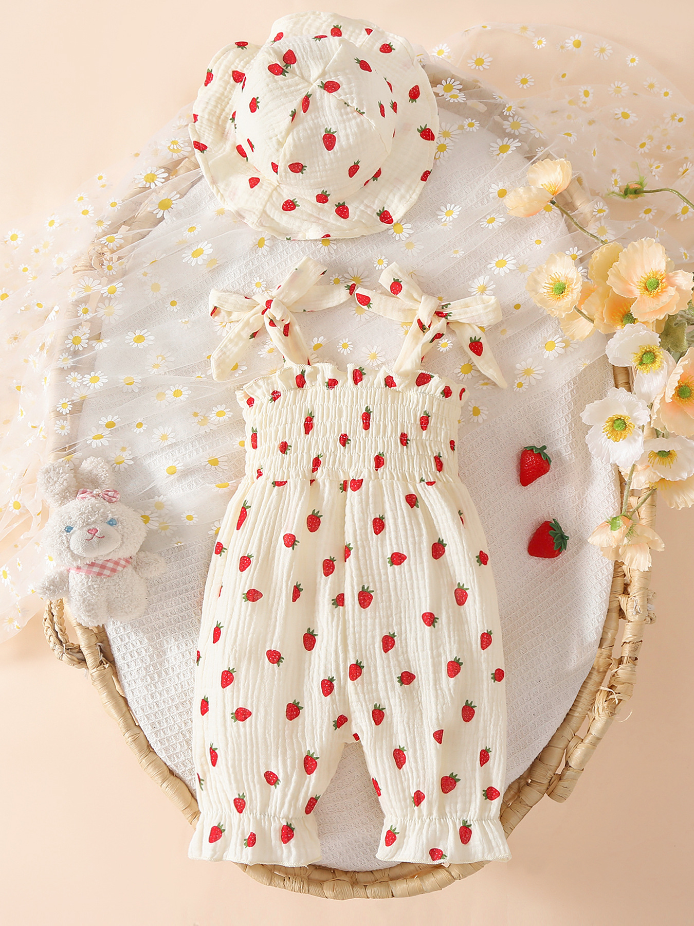 New Summer Baby Rompers 3-18M Sweet Floral Tulip Infant Girls Strap Jumpsuit with Hat Loose Toddler Love Clothes Sleeveless Cotton Outfit Heart/Floral Print Bodysuit Toddler Smocked Jumpsuit And Hat