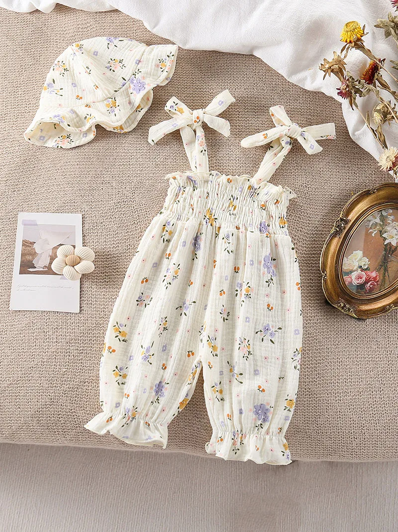 New Summer Baby Rompers 3-18M Sweet Floral Tulip Infant Girls Strap Jumpsuit with Hat Loose Toddler Love Clothes Sleeveless Cotton Outfit Heart/Floral Print Bodysuit Toddler Smocked Jumpsuit And Hat