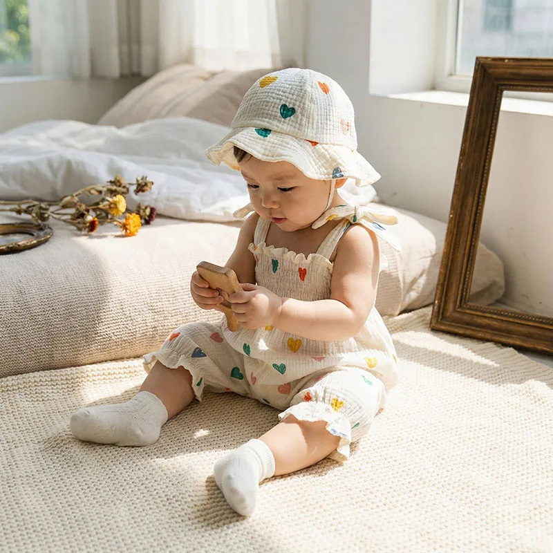 New Summer Baby Rompers 3-18M Sweet Floral Tulip Infant Girls Strap Jumpsuit with Hat Loose Toddler Love Clothes Sleeveless Cotton Outfit Heart/Floral Print Bodysuit Toddler Smocked Jumpsuit And Hat