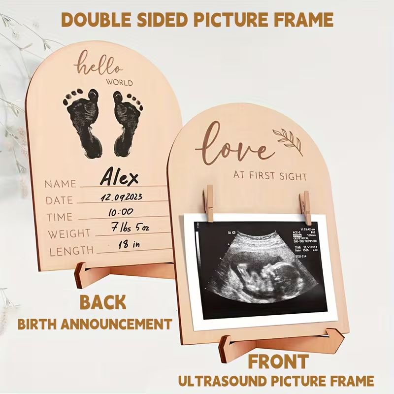 Unique Nursery & Home Decor – Baby's Heartbeat Wooden Soundwave Photo Frame, Double-Sided Display, Perfect Gift for New Mothers & Birth Anniversary