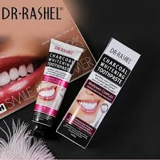 The image shows a package and a tube of Dr. Rashel Charcoal Whitening Toothpaste. /Stain REMOVER And Odour Removal Toothpaste For Smokers