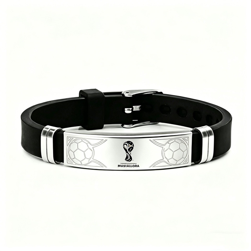 World Cup Stainless Steel Football Silicone Sports Bracelet with Adjustable Strap for Men and Women