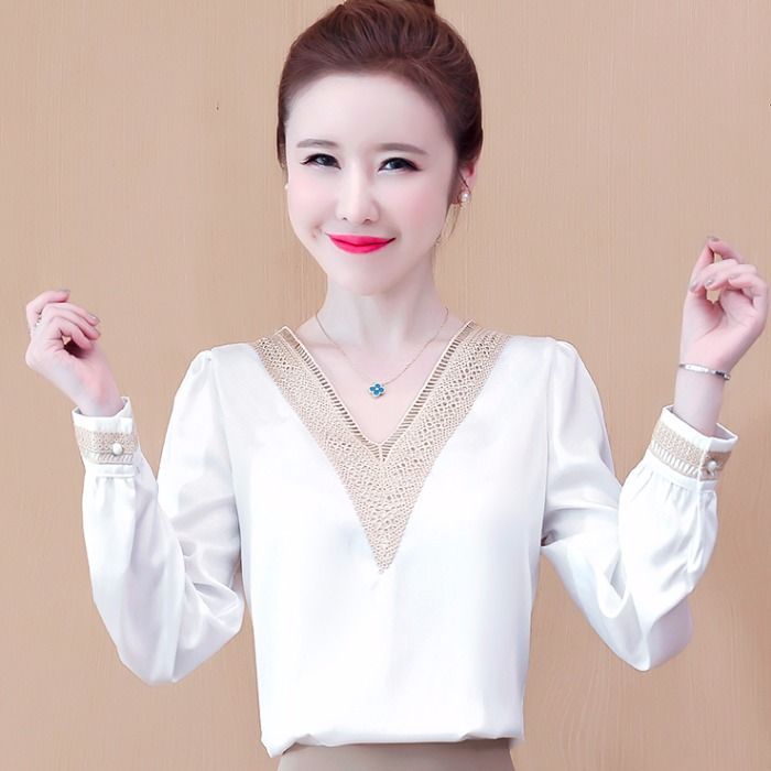 Elegant V-neck Embroidery Hollow Out Dignified Shirt New Summer Autumn Long Sleeve Solid Color Women's Clothing