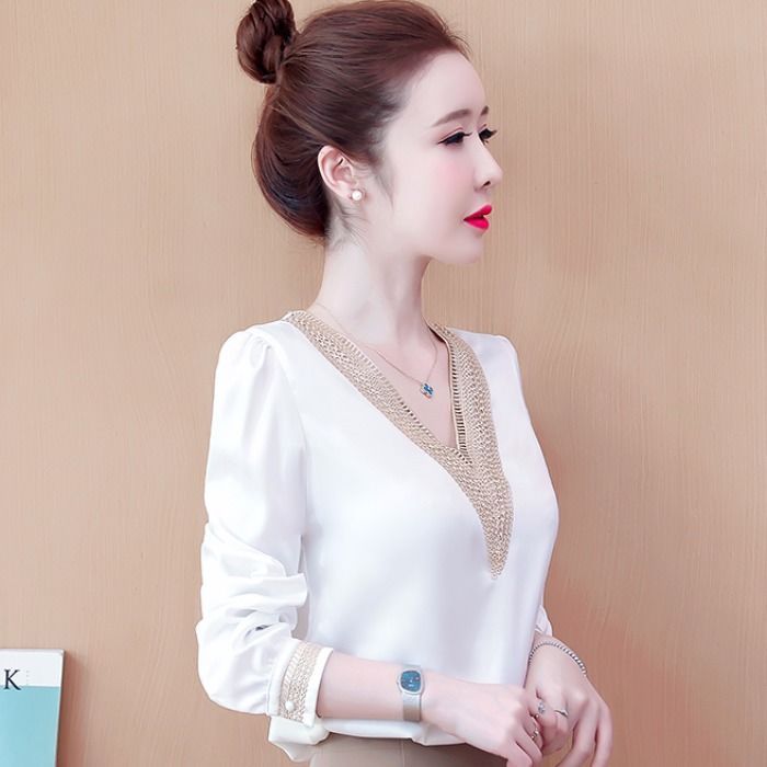Elegant V-neck Embroidery Hollow Out Dignified Shirt New Summer Autumn Long Sleeve Solid Color Women's Clothing