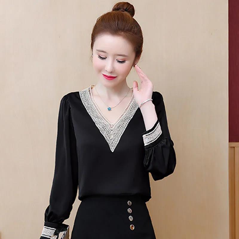 Elegant V-neck Embroidery Hollow Out Dignified Shirt New Summer Autumn Long Sleeve Solid Color Women's Clothing