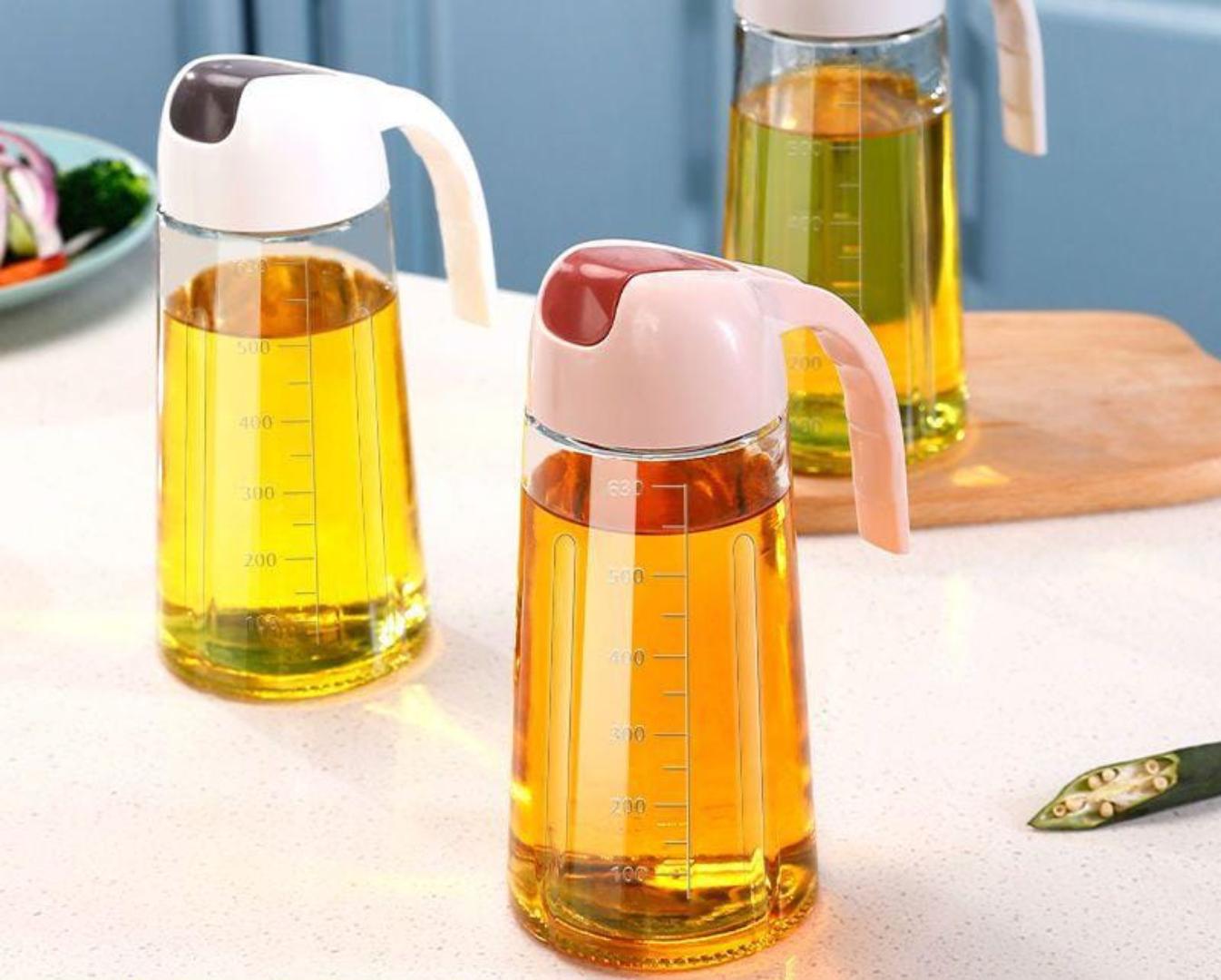 650ml Glass Cooking Oil and Vinegar Dispenser Bottle Leakproof Olive Oil Dispenser Cruet with Automatic Cap and Stopper Non-Slip Handle