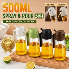 2-in-1 Oil Dispenser & Sprayer Bottle - Dual Function Glass Oil Pourer and Spray Bottle for Cooking, Air Fryer, Salad & BBQ Glass and Plastic