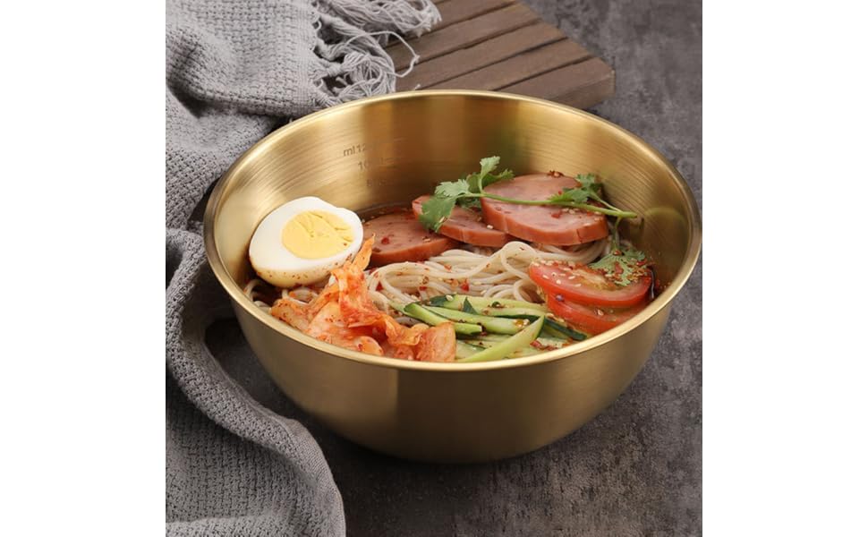 28cm Gold Stainless Steel Large Salad & Ramen Bowl - 3 Litre Brushed Metallic Metal Serving Basin for Noodles, Fruits, Snacks, Soup & Dining Table Centerpiece Decoration