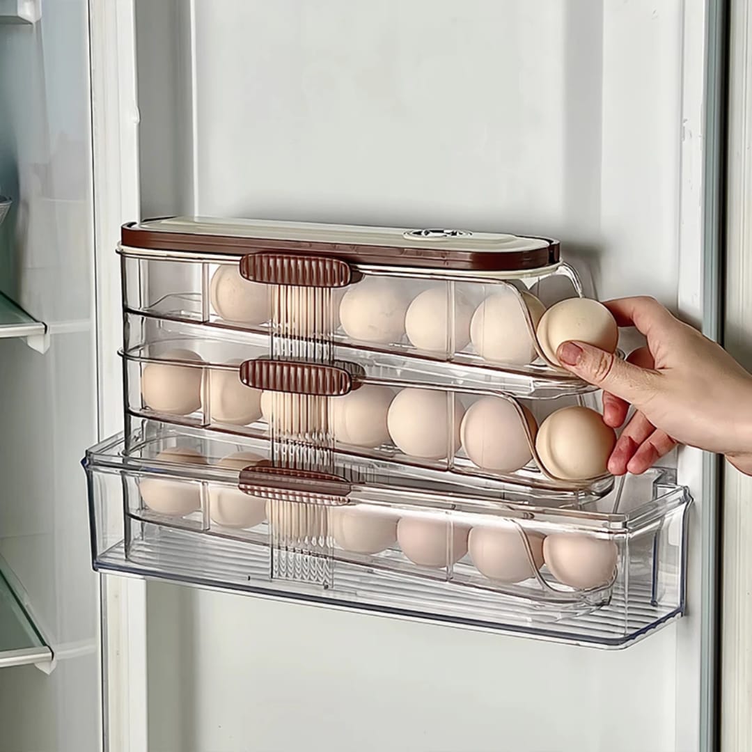 3-Tier Self-Rolling Egg Storage Dispenser for Refrigerator Side Door - 21-Egg Capacity Automatic Gravity Rolling Organizer Container for Fridge & Kitchen Counter