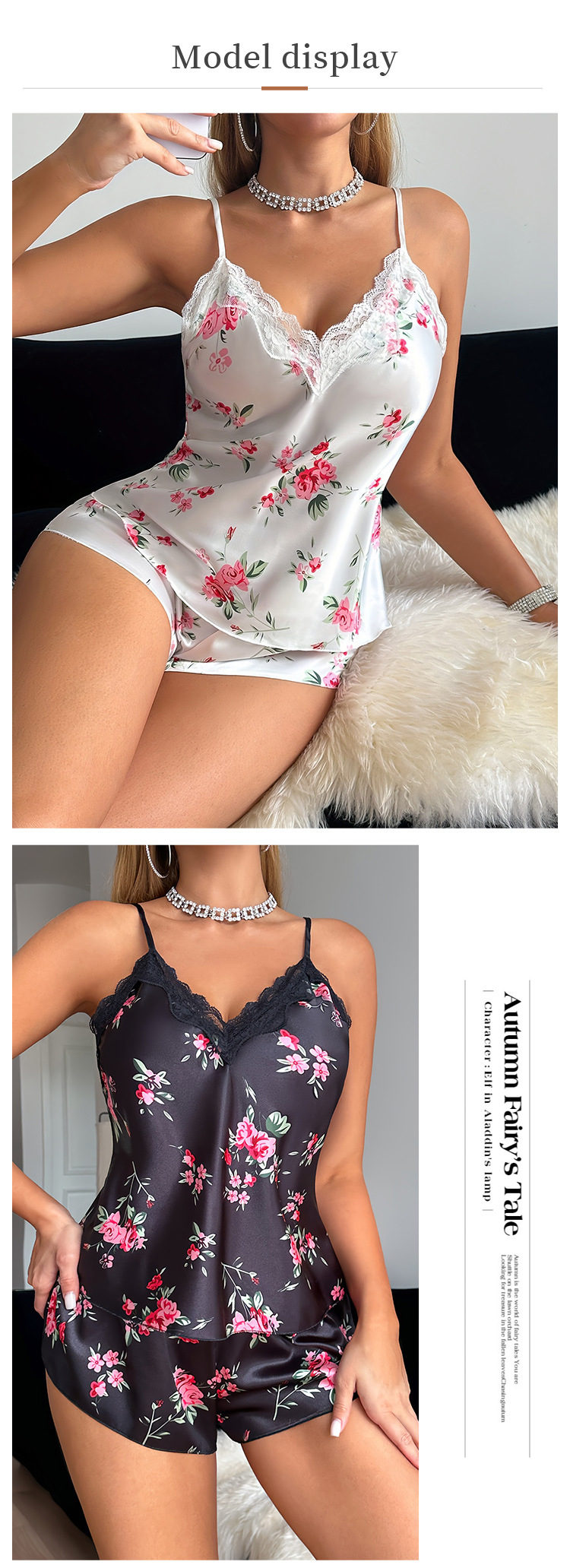 Female Suspender Pajamas Set Homewear Sexy Print Flower Strap Top&shorts Pijamas Suit Summer New Silk Satin Sleepwear Lingerie