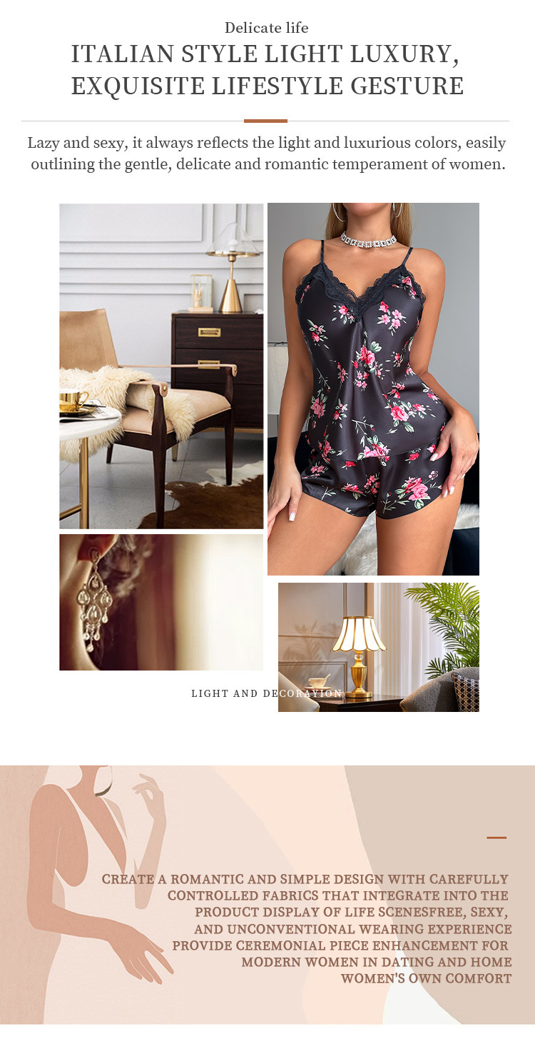 Female Suspender Pajamas Set Homewear Sexy Print Flower Strap Top&shorts Pijamas Suit Summer New Silk Satin Sleepwear Lingerie