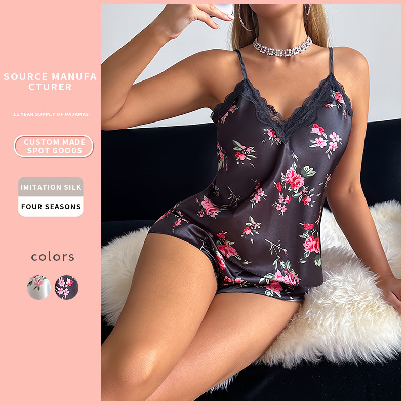 Female Suspender Pajamas Set Homewear Sexy Print Flower Strap Top&shorts Pijamas Suit Summer New Silk Satin Sleepwear Lingerie