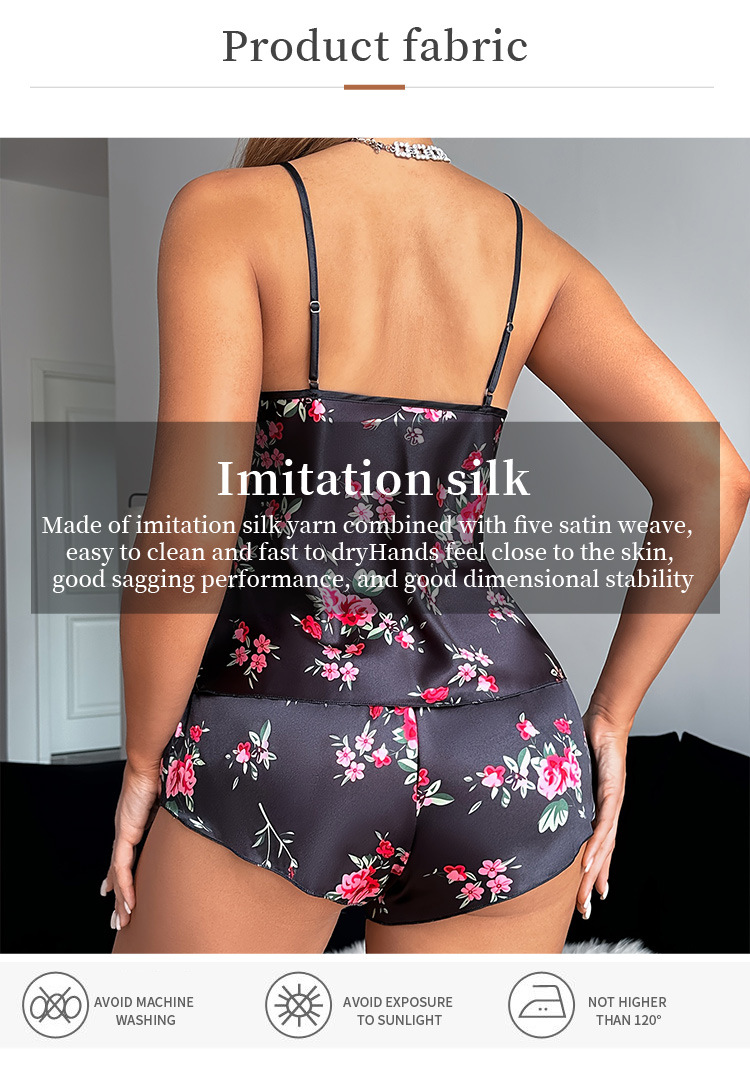 Female Suspender Pajamas Set Homewear Sexy Print Flower Strap Top&shorts Pijamas Suit Summer New Silk Satin Sleepwear Lingerie