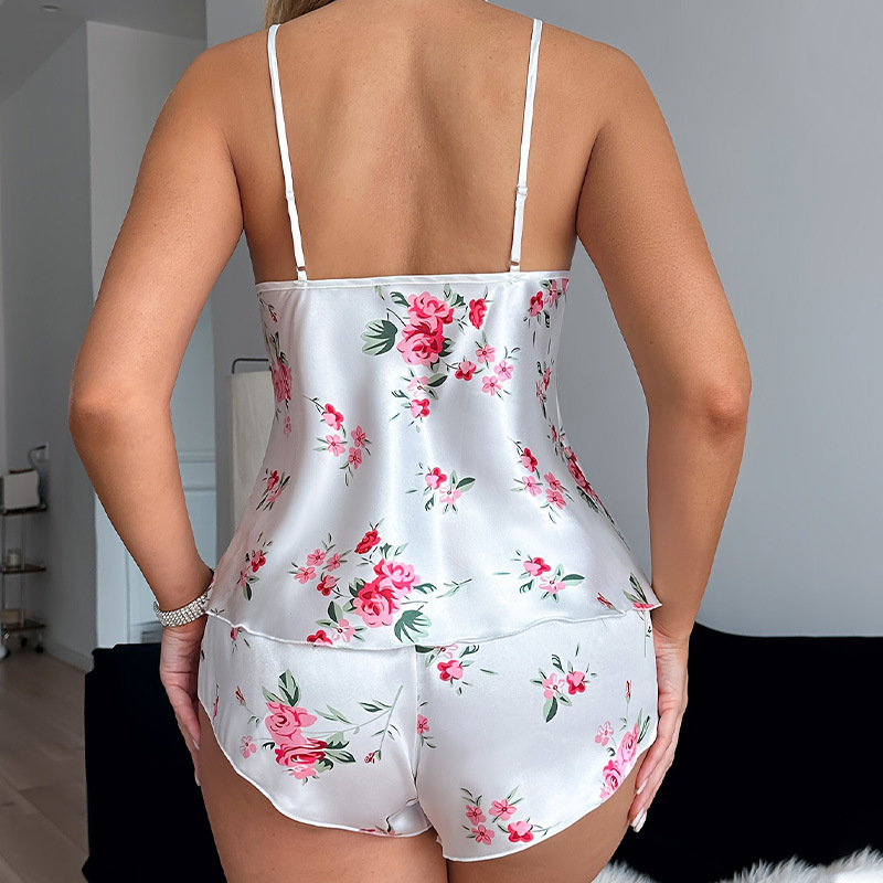 Female Suspender Pajamas Set Homewear Sexy Print Flower Strap Top&shorts Pijamas Suit Summer New Silk Satin Sleepwear Lingerie