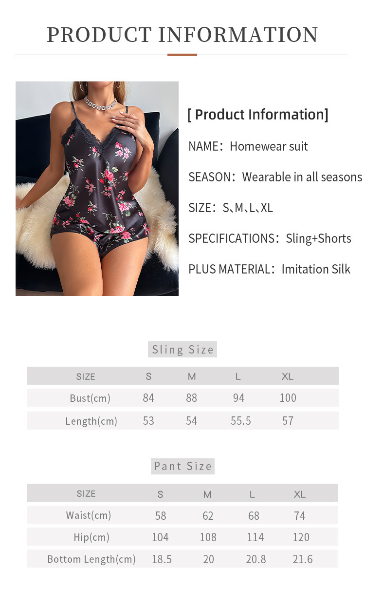 Female Suspender Pajamas Set Homewear Sexy Print Flower Strap Top&shorts Pijamas Suit Summer New Silk Satin Sleepwear Lingerie