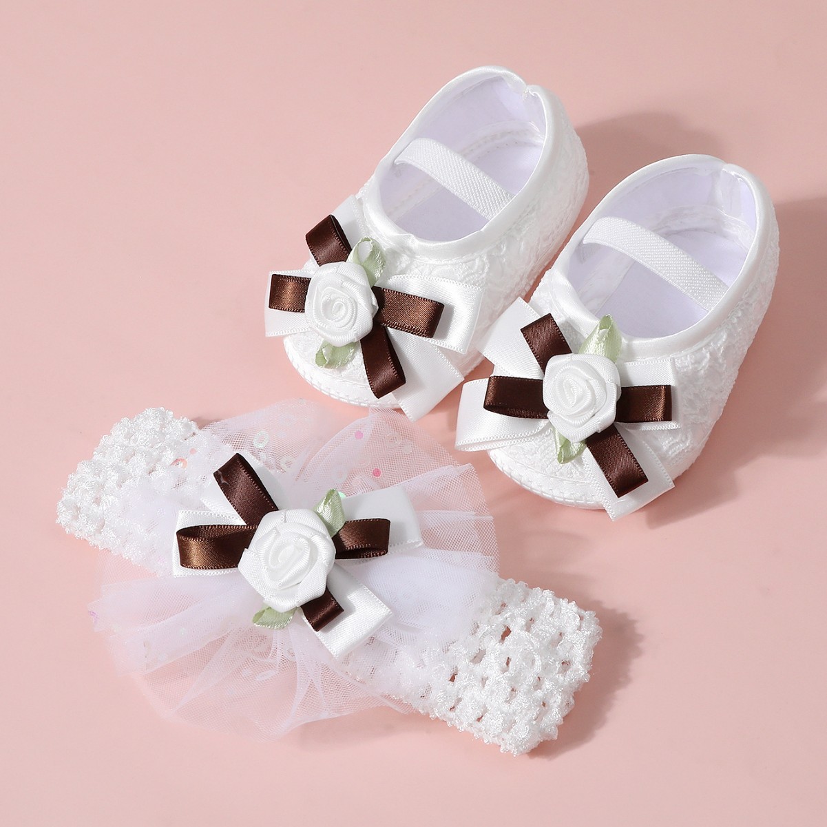 Spring Infant Baby Girl Shoes Newborn Lace Flowers Headband Anti-Slip Soft Sole First Walkers Toddler Kids Cotton Baptism Shoes