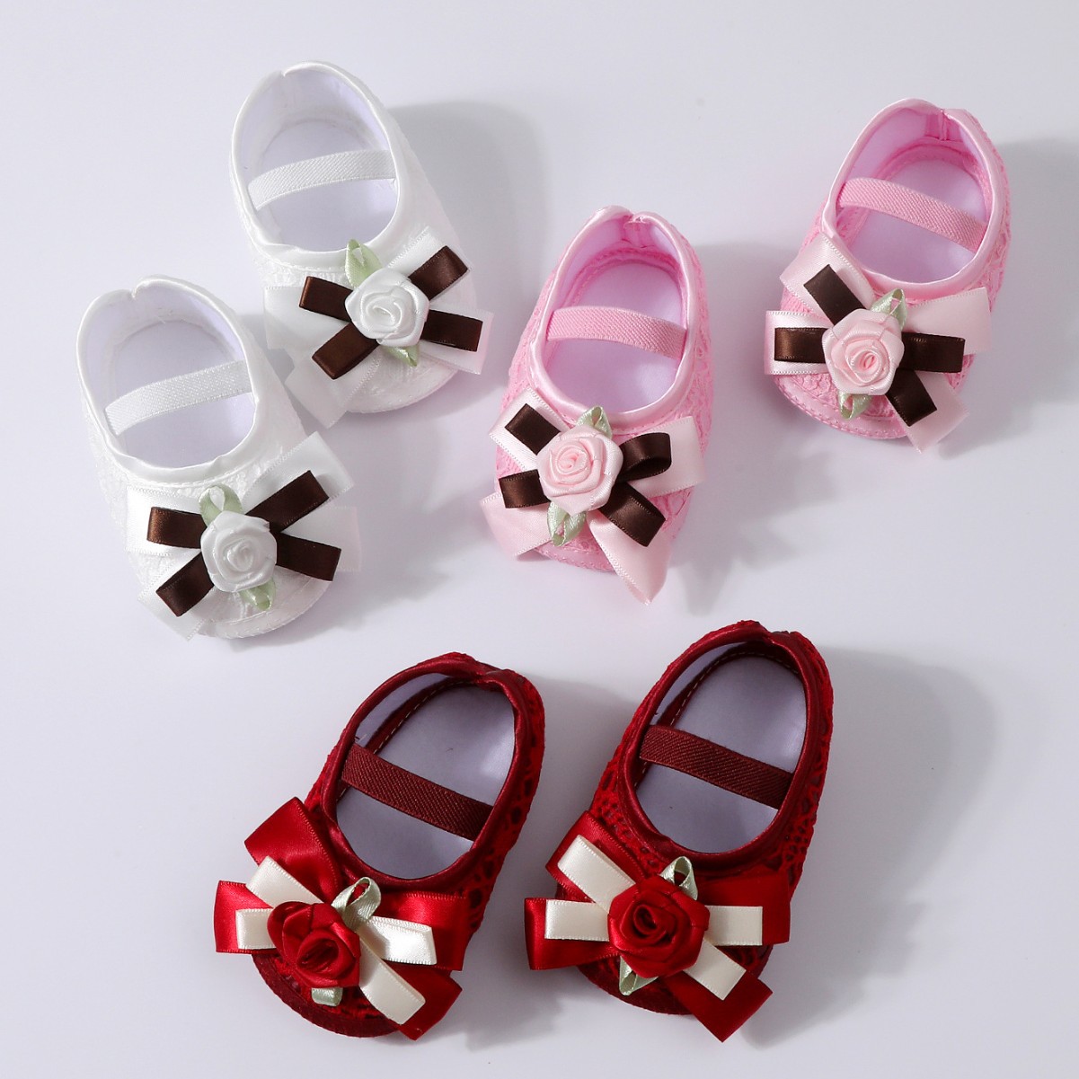 Spring Infant Baby Girl Shoes Newborn Lace Flowers Headband Anti-Slip Soft Sole First Walkers Toddler Kids Cotton Baptism Shoes