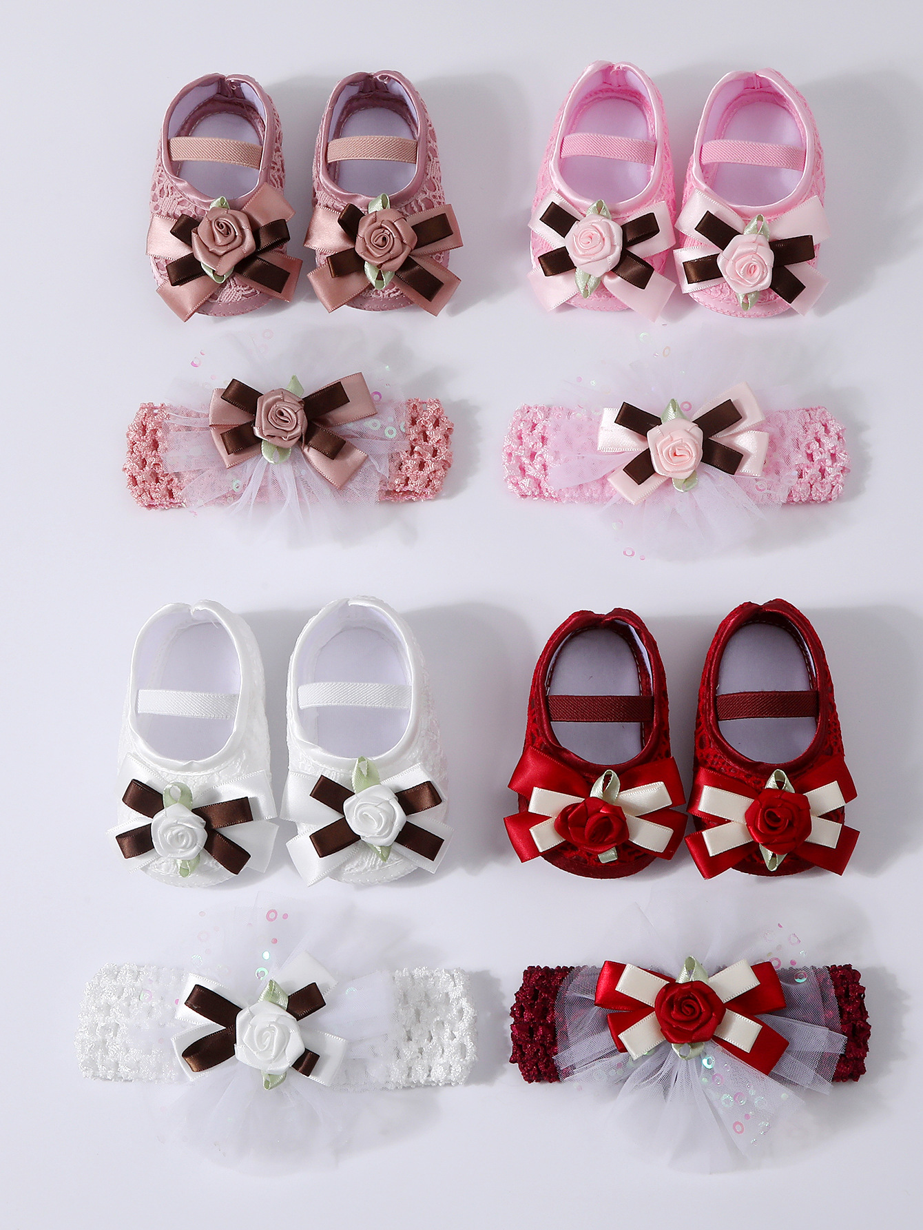 Spring Infant Baby Girl Shoes Newborn Lace Flowers Headband Anti-Slip Soft Sole First Walkers Toddler Kids Cotton Baptism Shoes