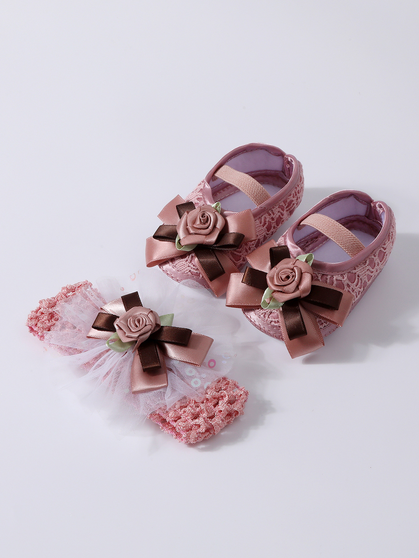 Spring Infant Baby Girl Shoes Newborn Lace Flowers Headband Anti-Slip Soft Sole First Walkers Toddler Kids Cotton Baptism Shoes