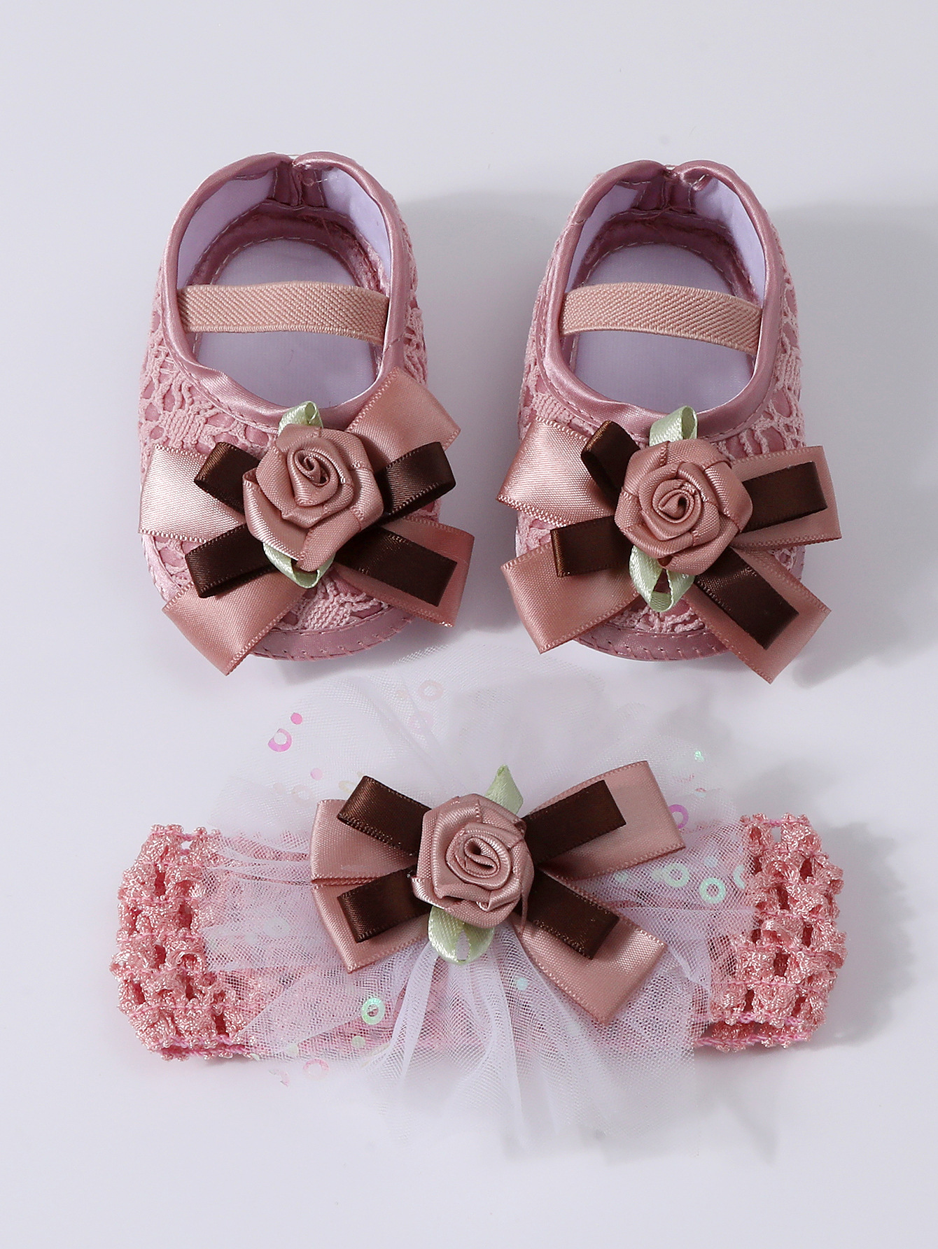 Spring Infant Baby Girl Shoes Newborn Lace Flowers Headband Anti-Slip Soft Sole First Walkers Toddler Kids Cotton Baptism Shoes