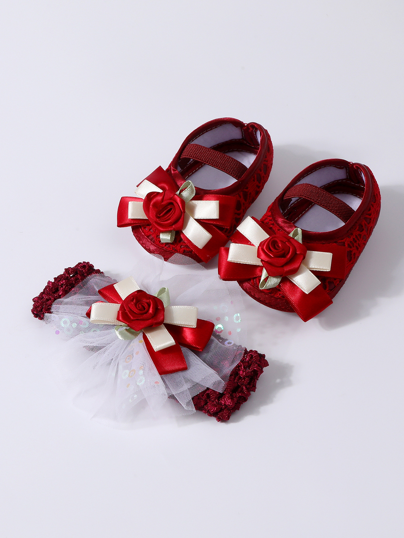 Spring Infant Baby Girl Shoes Newborn Lace Flowers Headband Anti-Slip Soft Sole First Walkers Toddler Kids Cotton Baptism Shoes