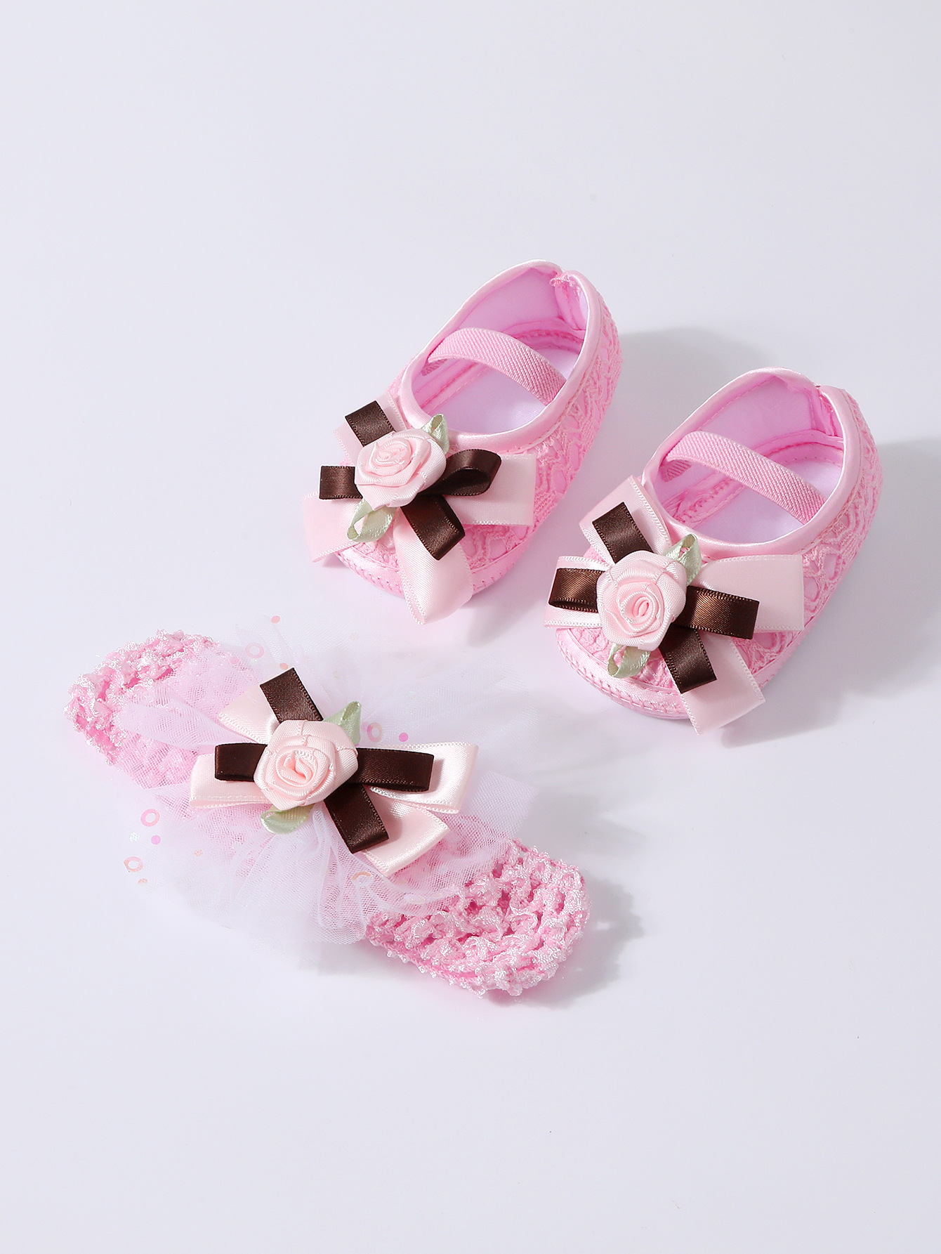 Spring Infant Baby Girl Shoes Newborn Lace Flowers Headband Anti-Slip Soft Sole First Walkers Toddler Kids Cotton Baptism Shoes