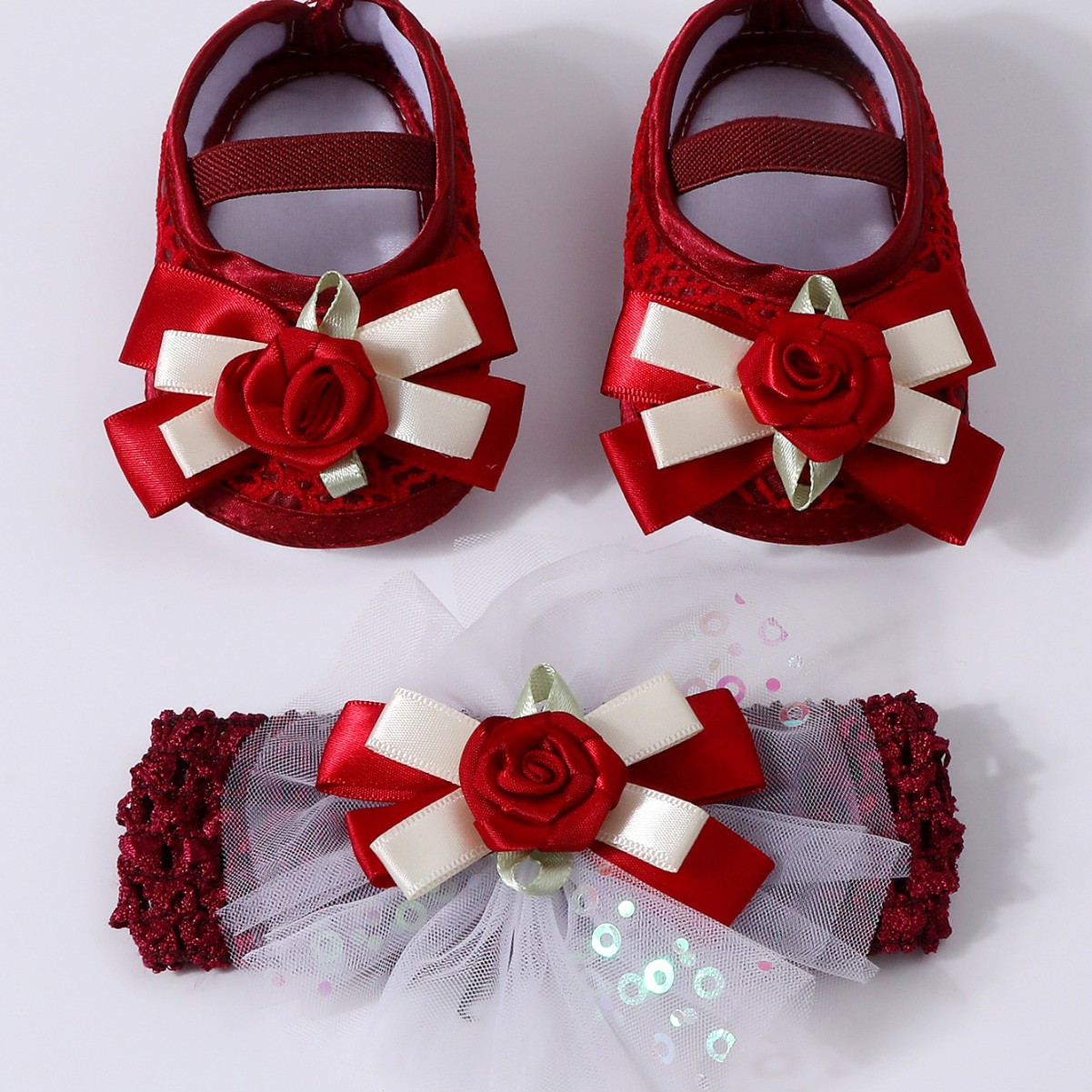 Spring Infant Baby Girl Shoes Newborn Lace Flowers Headband Anti-Slip Soft Sole First Walkers Toddler Kids Cotton Baptism Shoes
